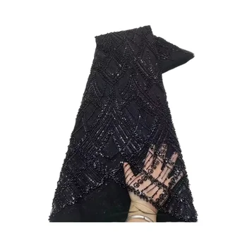 New Black Lace Fabric with Sequin Beads Embroidery for Bridal Wedding and Evening Dresses