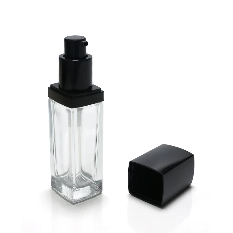 30ml Square Clear Glass Liquid Foundation Bottle with Black Plastic