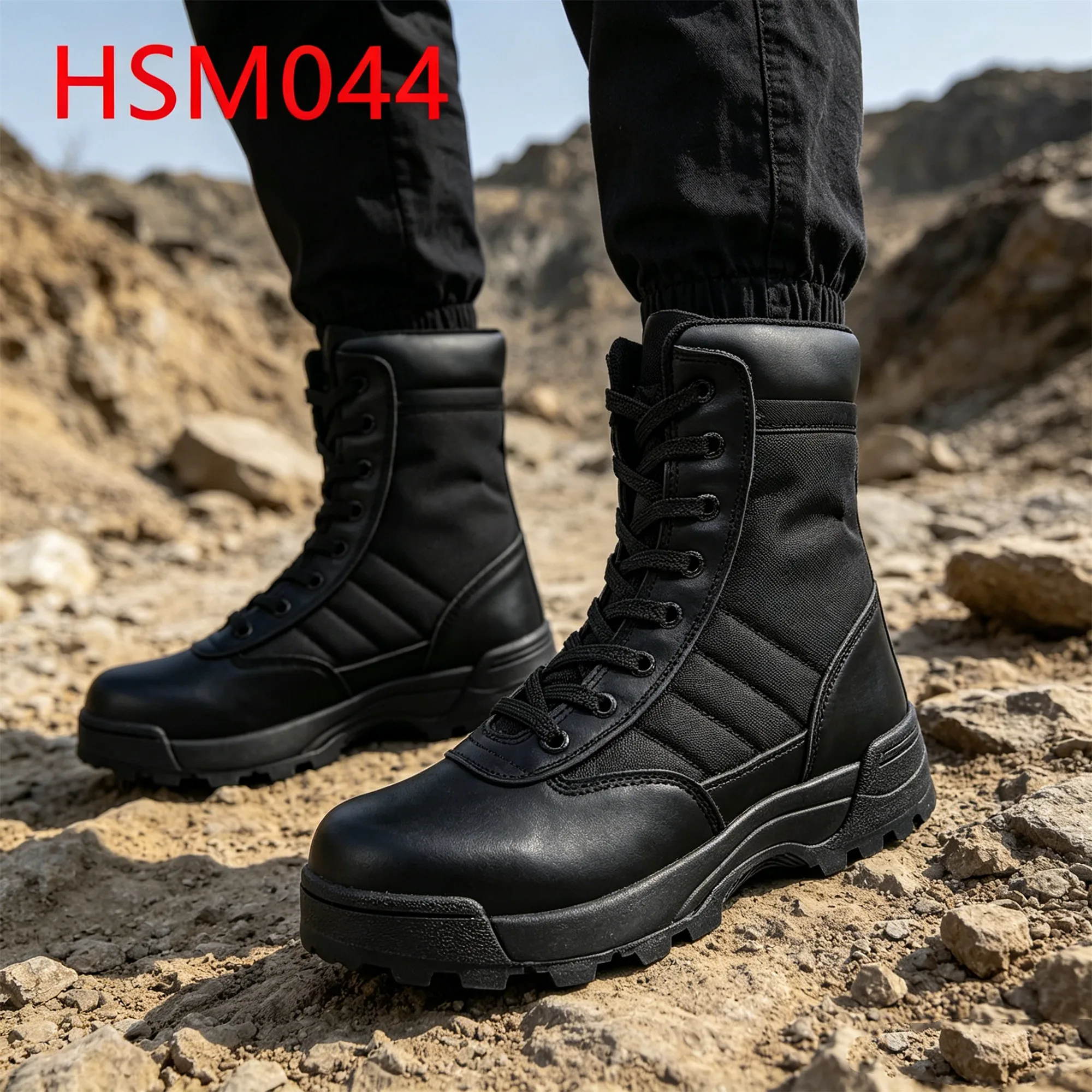 ZYF, jenis sepatu bot tempur kulit yang tersedia dalam warna hitam/cokelat muda/coyote untuk dijual; sepatu bot taktis dengan sol luar EVA + karet peredam kejut, model HSM044