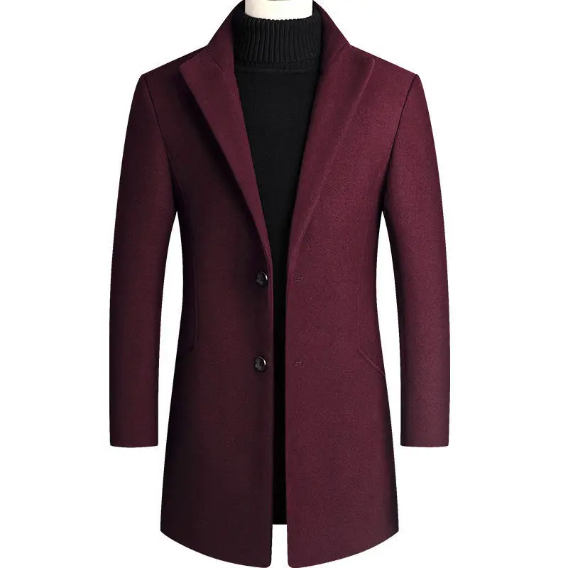 New fashion men autumn winter turn-down collar solid color simple plus size casual coat medium length woolen overcoat_voghion.com