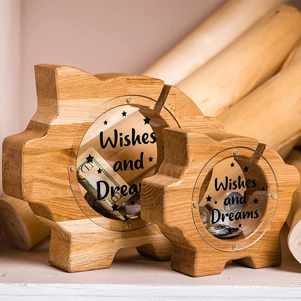 Wooden Cartoon Piggy Bank ISO9001 For Home Decoration