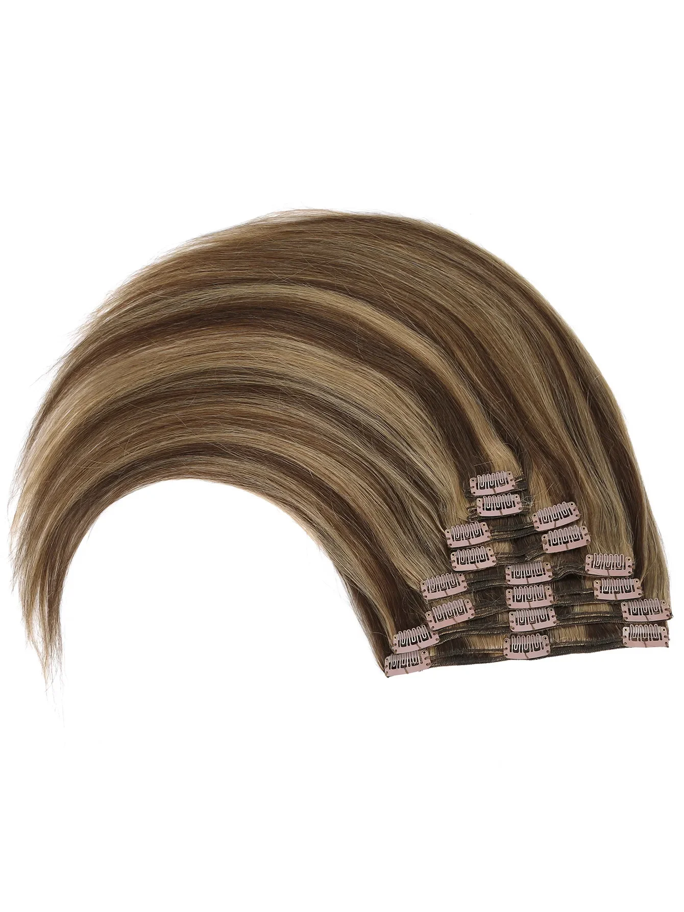 8-teiliges, doppelt glattes Remy-Haar, 100 % Echthaar, 18 Clips, Dunkelbraun, Schmutzig-Blond, Kopf verdickt, weich, glatt_voghion.com