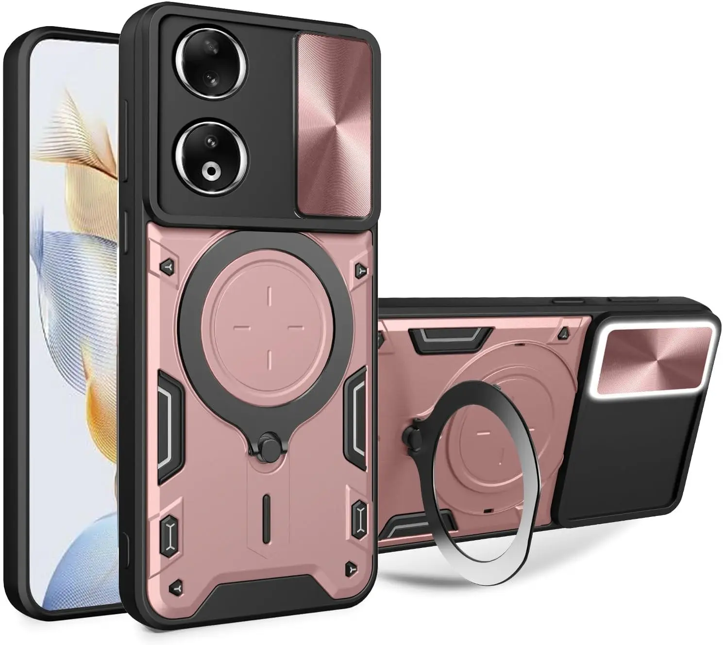 Slide Camera Lens Cover for Huawei Honor X6B X9B X9A X8B X7B Metal Ring Rotation Kickstand Shockproof Heavy Duty Protective Case