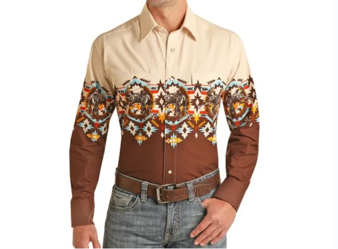 Lässiges Retro-Herren-Langarm-Stehkragenhemd im amerikanischen Western-Denim-Stil, individuell, personalisierbar, bedruckt114_voghion.com