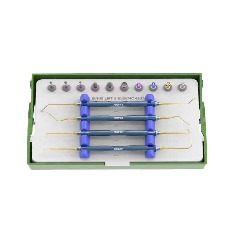 Kitus Dentalis Dask, Kitus pro Implantis Dentalibus et Elevatione Sinuum, Instrumentorum Dentalium Collectio, Apparatus Dentalis, Manu Operatus, Sine Fonte Potestatis Electrica, Ex Aere Ferro Factus