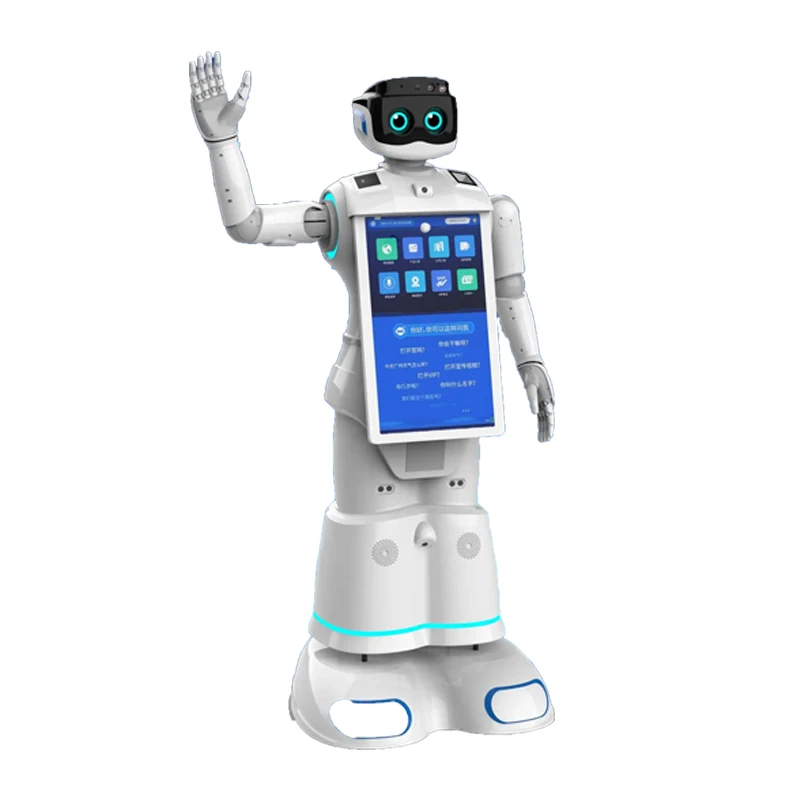 Robot commercial humanoïde avec interaction vocale, accueil et guide publicitaire pour réception interactive