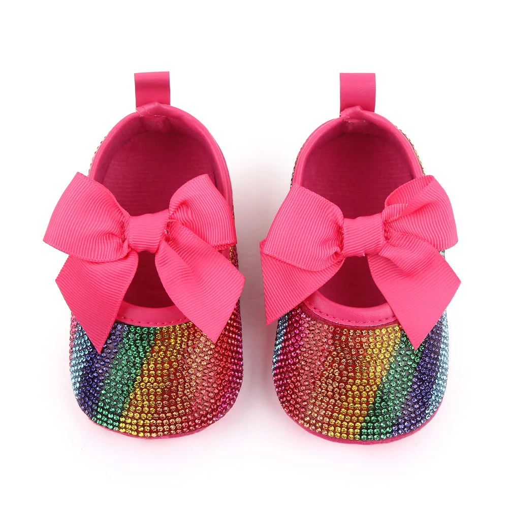 Baby Girls Solid Color Big Bow Rhinestone Pattern Infants Soft Soled Princess Walking Shoes details