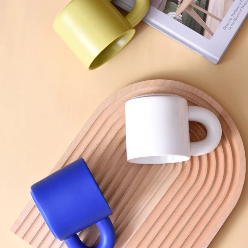 INS Style Macaron Candy Color Ceramic Coffee Mug Pangpang Fat Handle Mug Porcelain Milk Mug