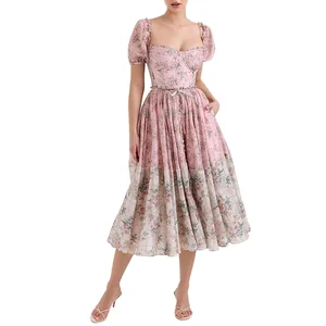 Customize Pink Natural Waist Woven Fabric Floral Print Button Detail Short Sleeve Casual Women's Summer Midi Dress Lining