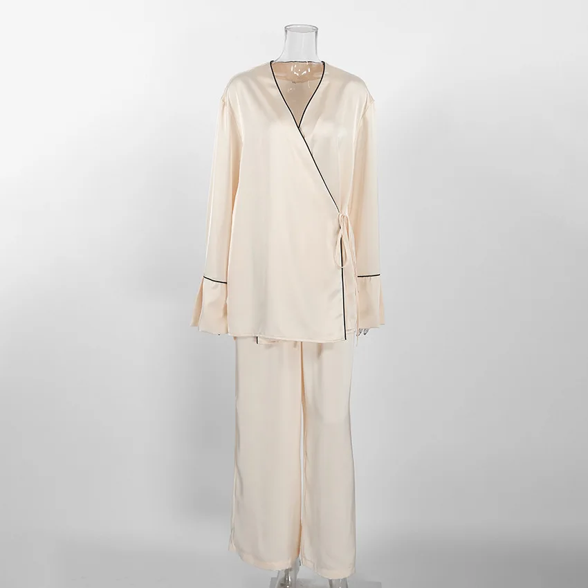 Womens Satin Pajama Set Soft Polyester Long Sleeve Wrap Pants Two Piece Loungewear — detail
