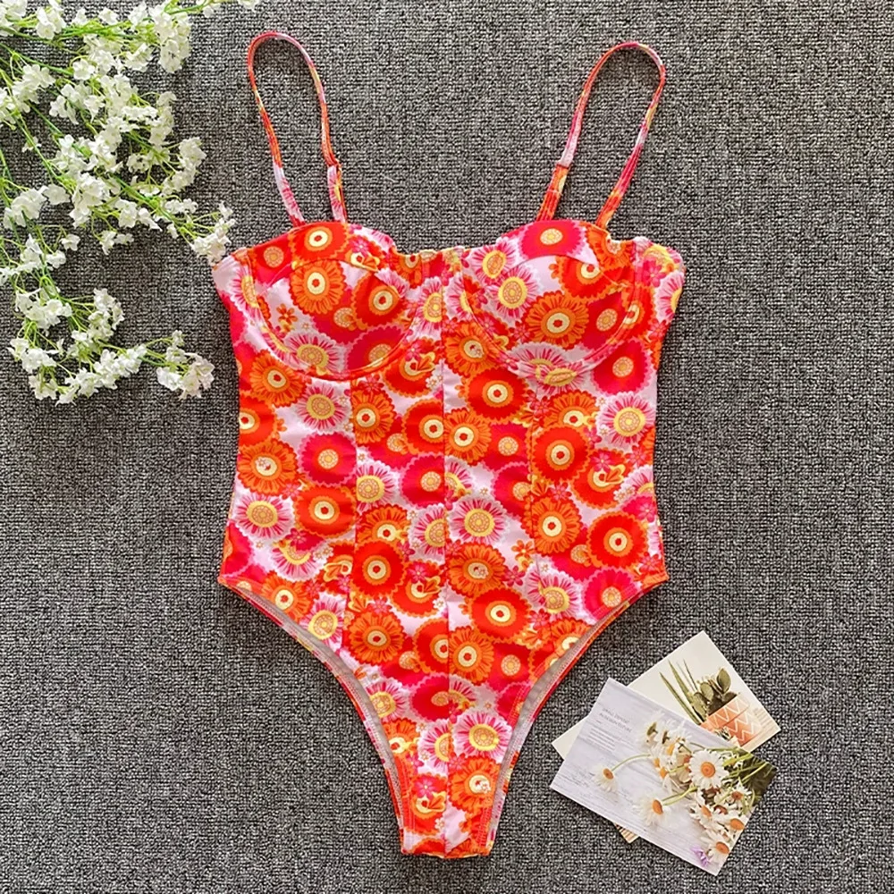 DAMOCHIC New Design Bathing Suits for Women One Piece Swimsuits Floral Print Plaid Push Up Backless Thong Swimwear for Women