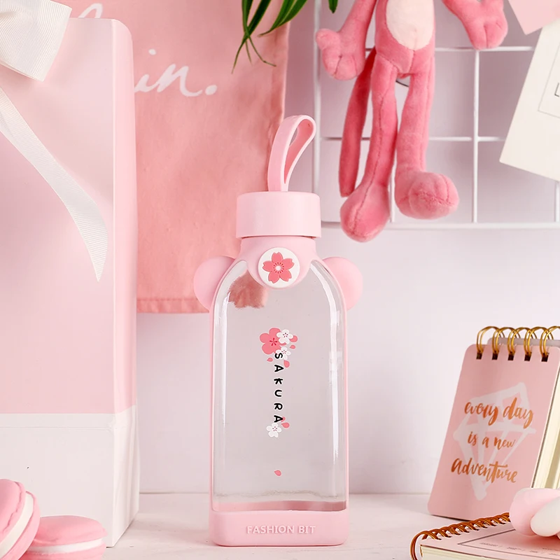 420/600/1000 ML Gradient Cherry Blossom Glass Water Bottle With Protective  Bag Girl Student Large Capacity Sport Drinking Bottle