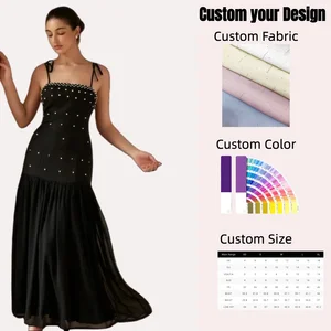 Women Casual Summer Maxi Dress Sleeveless Spaghetti Strap Beading Front Detail Elastic Ham for Daily Outwear