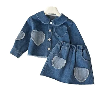 Girls' Denim baby Suit 2024 Spring and Autumn Clothes Children's Fashionable New Style Patchwork Love Denim Two-piece Set