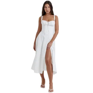 Best-Selling Summer Chic High-End Midi Dress Women French Style Sexy Strap Side Slit Solid Print Button Decoration Digital