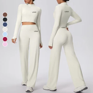 Custom Logo Quick Drying Sportswear Solid Color High Elastic Zipper Jacket High Waist Yoga Flare Leggings Butt Lifting Gym Sets