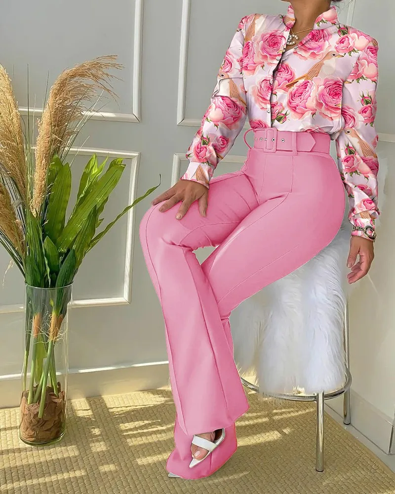 C7028 Latest Design Elegant Classic Two Piece Pants Set Women Long Sleeve Ladies Shirt and Pants Suit