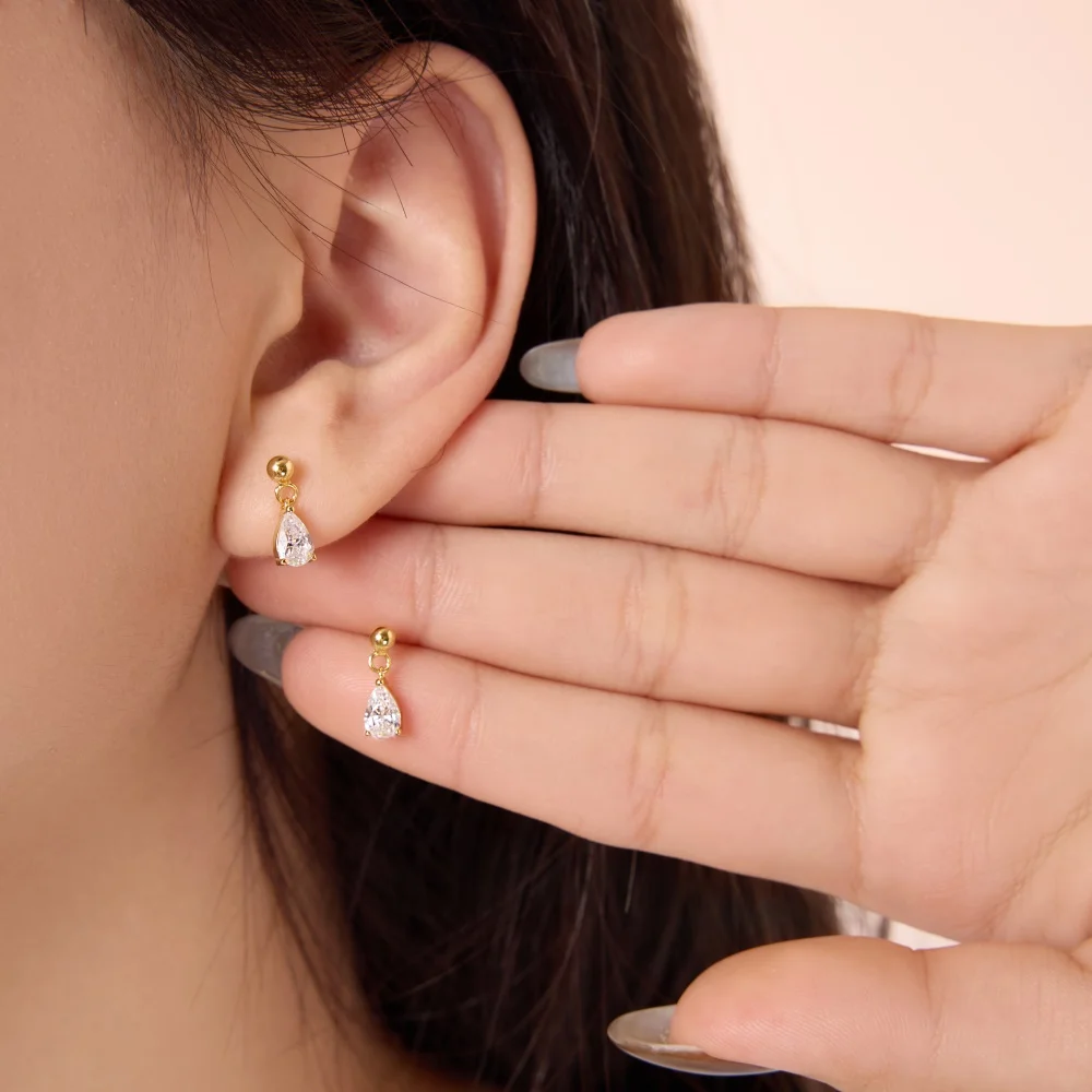 KAKODIY Fine Rhodium Plated 18K Gold 925 Sterling Silver Pear-shaped 5A Cubic Zirconia Imitation Diamond Beads Stud Earrings detail 2
