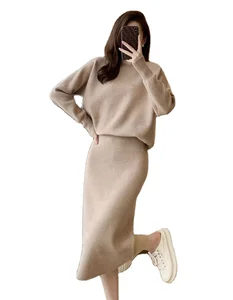Autumn and Winter Long Sleeve Solid Ribbed Suit Female Two Piece Set Women Sweater Knitted Skirt Set