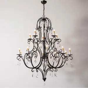 European Vintage Elegant Design Villa Loft Stair Big Candle K9 Crystal Black Chandelier Lighting
