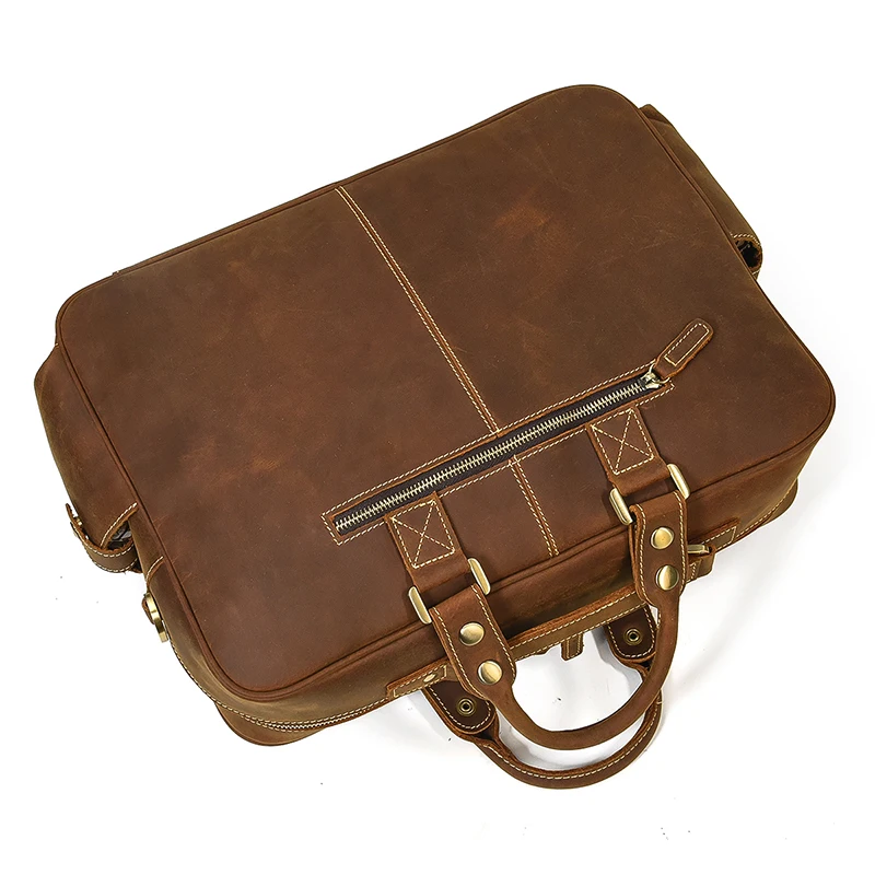 Men Crazy Horse Leather Briefcase Large Cow Leather Travel Bag Vintage