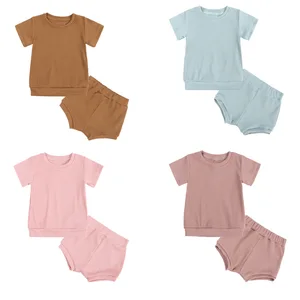 Wholesale Cotton Baby Clothing Set Solid Short-Sleeved Kids Suit for Infants and Toddlers Casual 2-Piece Outfits for Summer