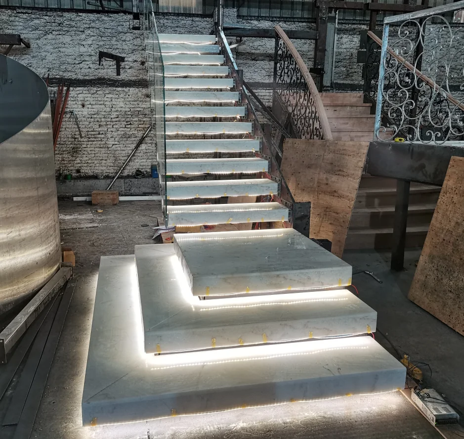 American style fancy cantilever carbon steel stringer white oak wood open tread step with led lights floating stairs with rail supplier