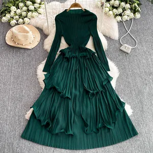 Women's Casual Spring/Summer Long Sleeve Dress Elastic Ruffles Maxi Length Natural Waistline Woven Digital Solid