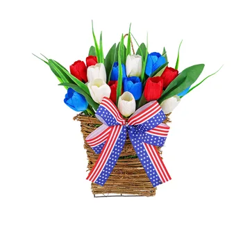 Fourth of July Memorial Day Hanging Artificial Tulips Flowers With Ribbons Wall Decor For Living Room Outdoor