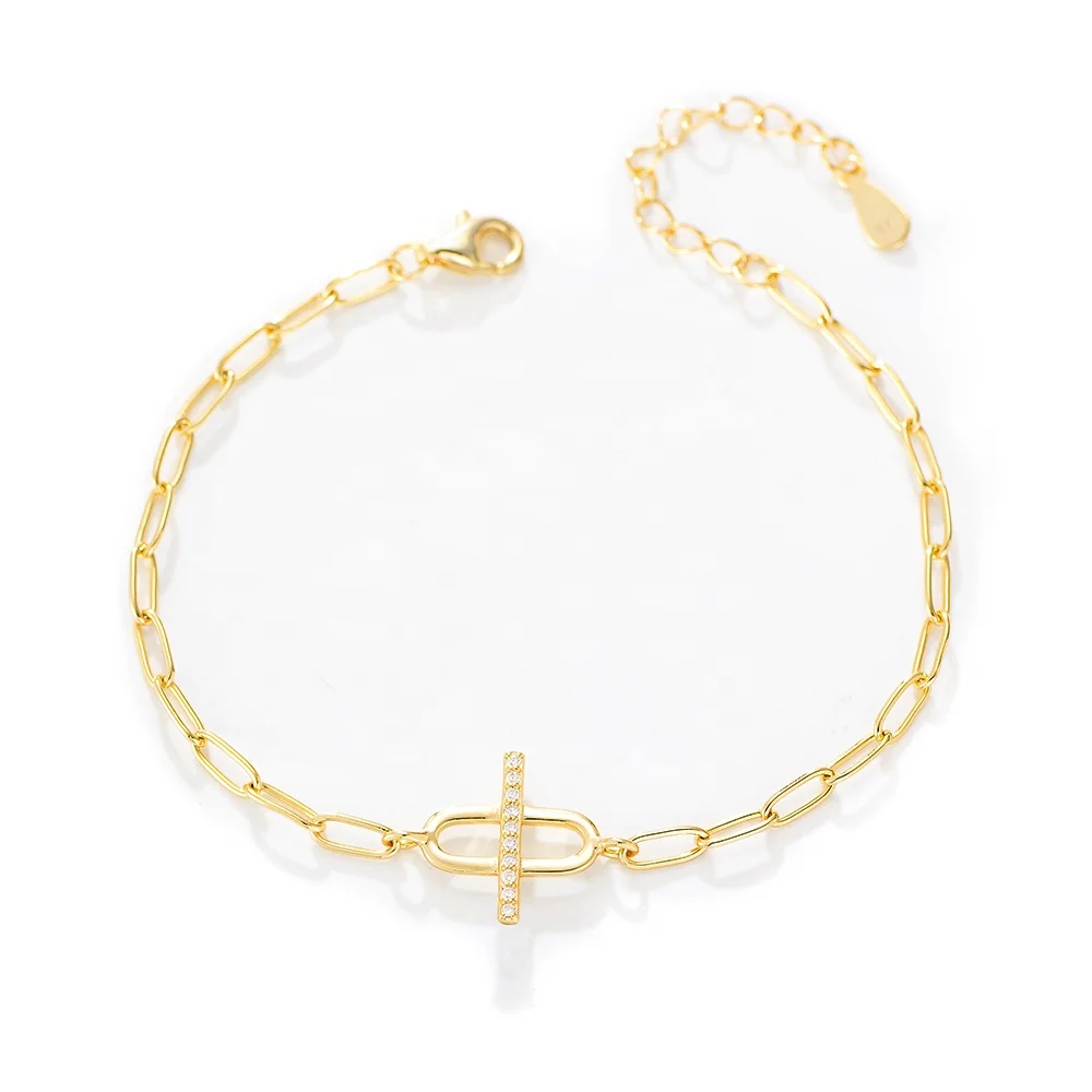 Best Selling 925 Sterling Silver Hypoallergenic Jewelry 3a White Cz Paper Clip Chain Korean Bracelet