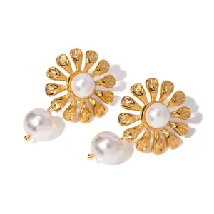 Lovely Stainless Steel Flower Drop Earrings for Women Gold Plated Sunflower Pearl Pendant Trendy Jewelry for Girls