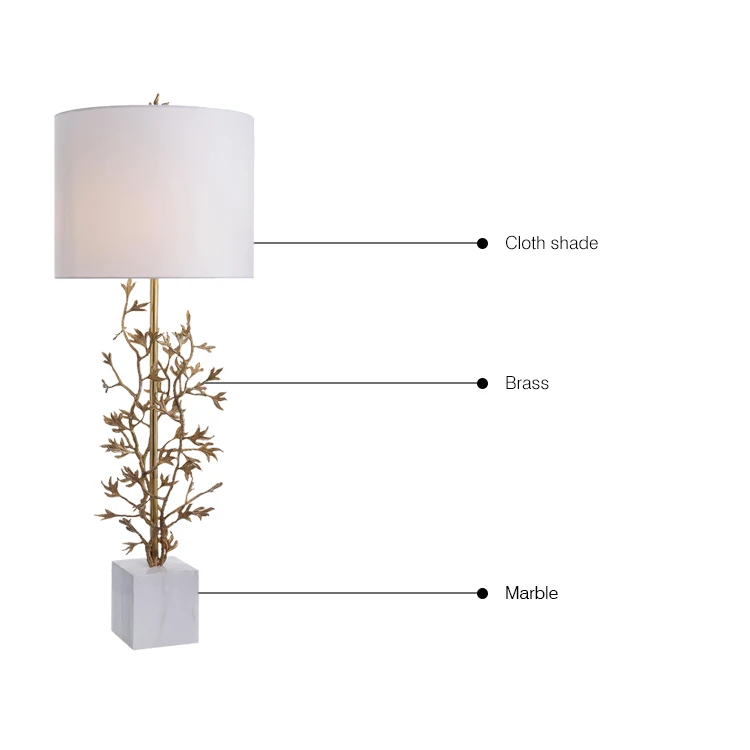 Designer Solid Brass Tree Branch Leaf White Marble Base Beige Drum Shade Restaurant Table Lamp