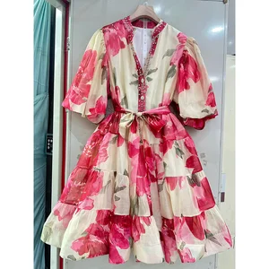 Factory Wholesale Designer Fashion Mini Dress Women Summer Puff Sleeve Flower Printed V-Neck Beading Loose Casual Ladies Dress