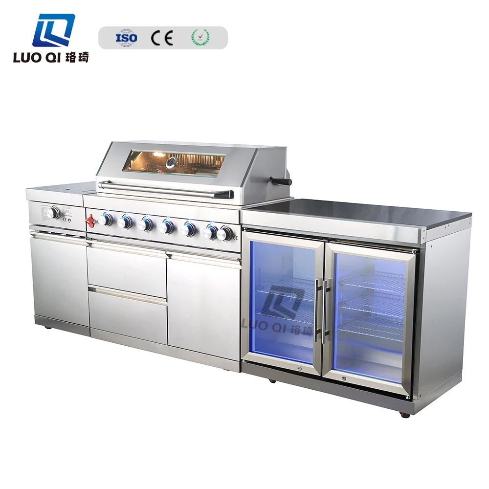 304 Stainless Steel Heavy-Duty Gas Stove 8-Burner BBQ Grill Indoor Frid and  Rotisserie With Outdoor Kitchen Cabinet Set