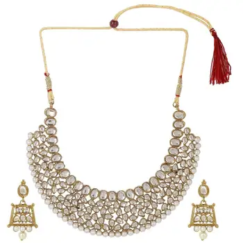 Indian Bollywood 14 K Gold Plated White Kundan Pearl Bridal Choker Necklace Earrings Wedding Jewelry set