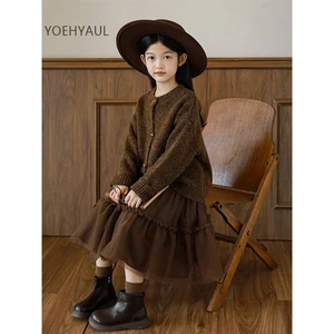 2023 Autumn Winter Girls' Knitted Cardigan Retro Horn Button Casual Lazy Style Warm Thickened Versatile Sweater Jacket