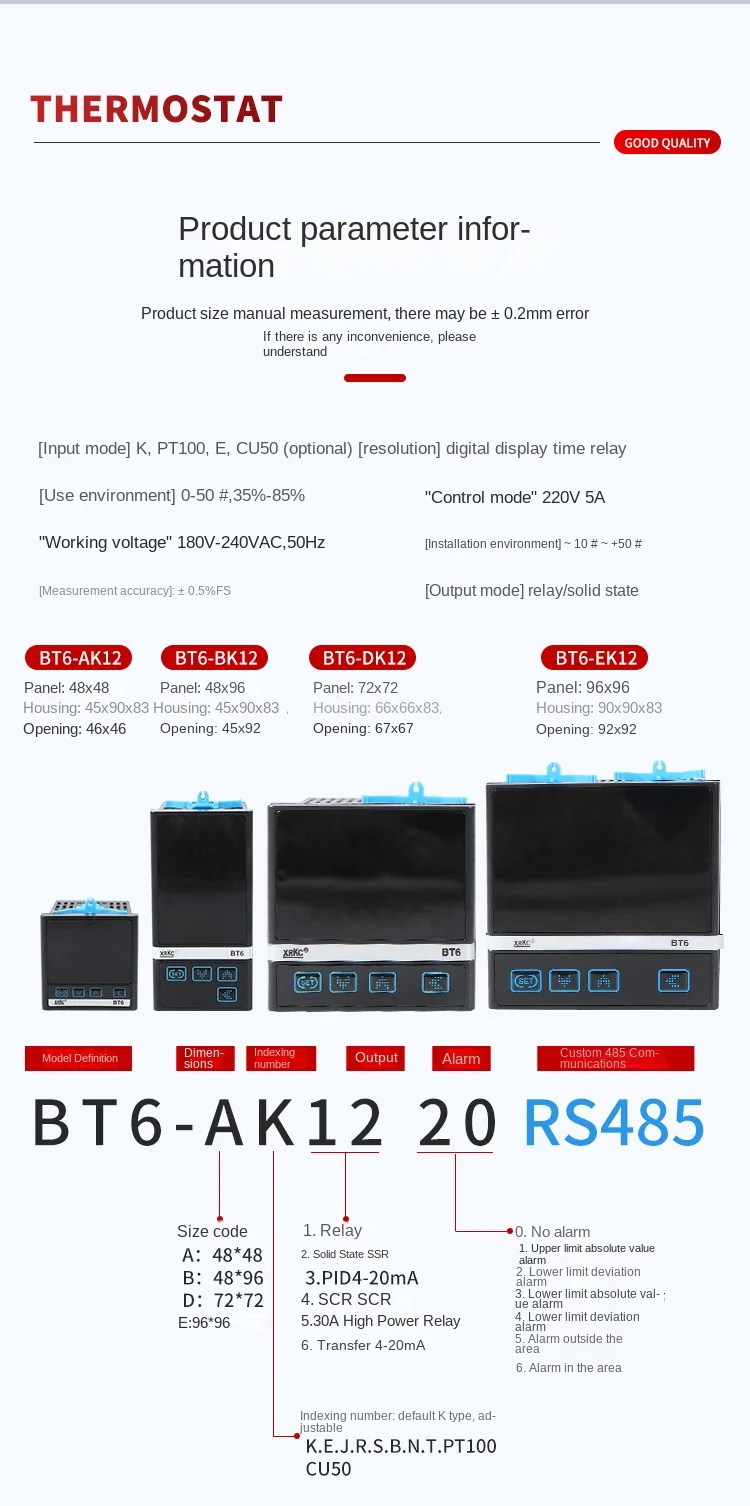 BT6-D 72*72mm Digital Display PID Temperature Controller with RS485 Communication and Timing Function Industry Thermostat