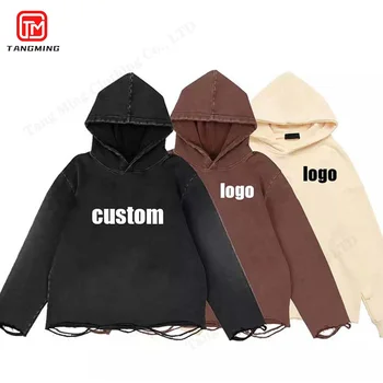 Custom Logo Vintage Distressed Acid Washed Cropped 100% Cotton French Terry Hoodie Men Raw Hem Blank Designer Hoodies Streetwear