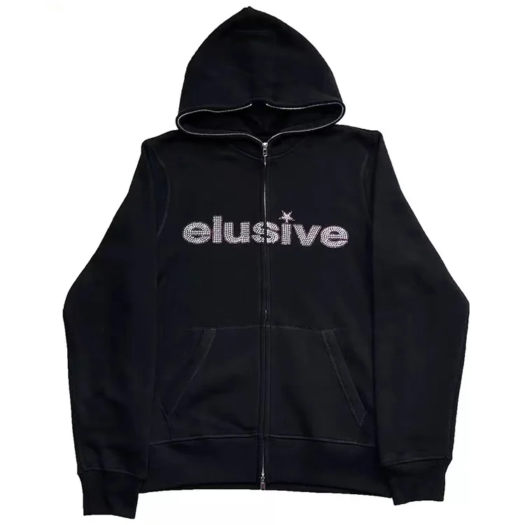 Oem Custom Zip Hoodie Sweatshirts High Quality Wholesale Full Face Zip up Skeleton Rhinestone Men Hoodie gallery 4