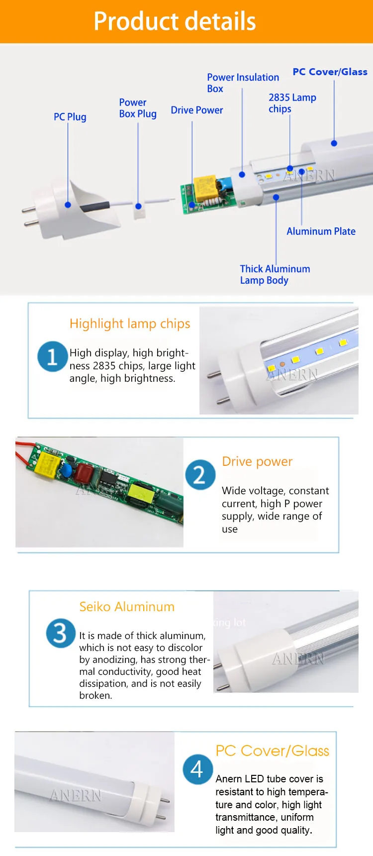 Source Anern 3 Years Guarantee 220V 10W14W 18W 22W T5 T8 Led Tube