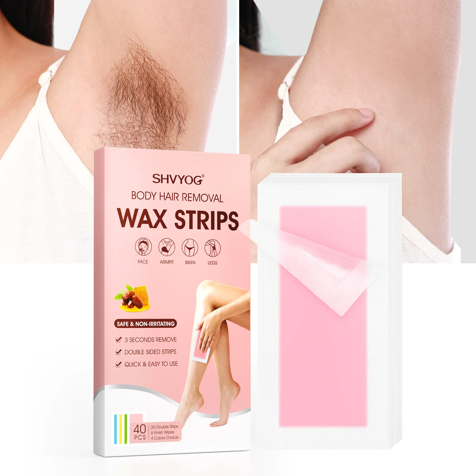 Oem Odm Body Hair Removal Wax Kit For Bikini Face Arm Armpit Leg Eyebrow 40  Count Large Size Waxing Strips With 6 Finished Wipes - Buy Wax Hair Removal  For Women,Hair Removal