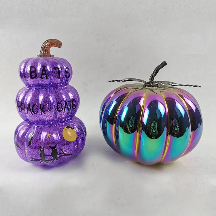 Wholesale decorative artificial craft halloween blown glass pumpkins ornament led light up halloween decoration pumpkin for sale