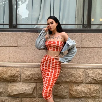 2020 New Design Women Sexy Strapless Bandeau Tube Tops Bodycon Skirt Two Pieces Outfit Red Dresses