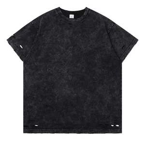 Trendy Ripped Washed Vintage 300g Vintage Heavyweight Cotton Distressed Frayed Short Sleeve Men T-Shirt