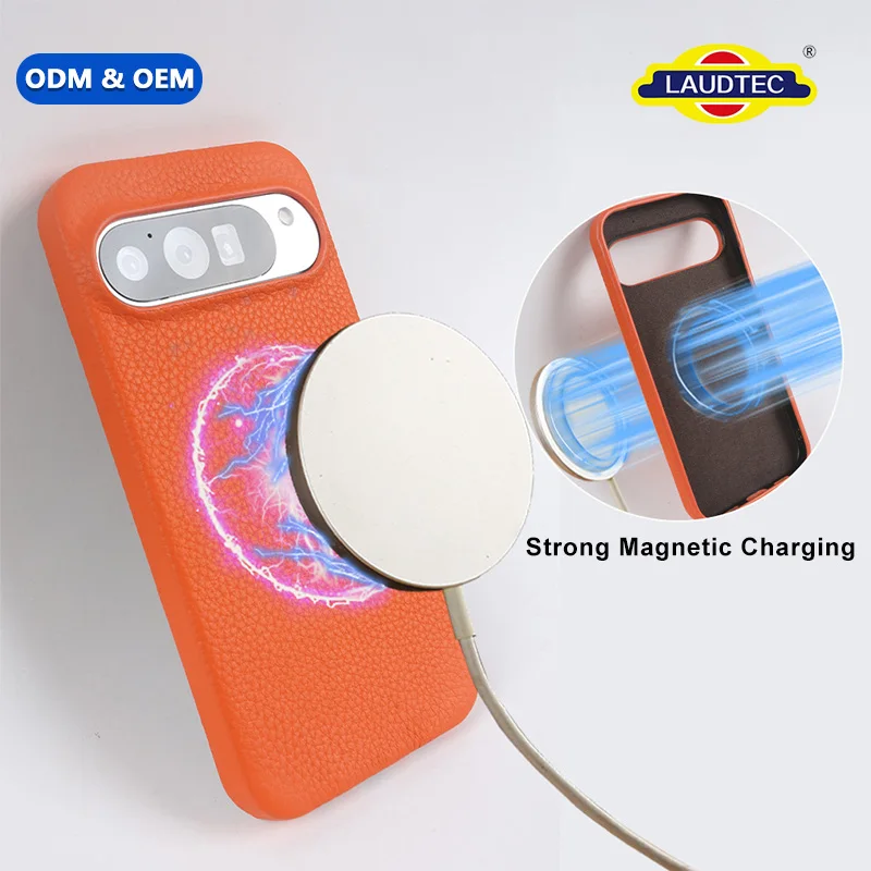 Genuine Leather Litchi Grain Phone Case for Google Pixel 7/7 Pro Magnetic Wireless Charging Protective Cover