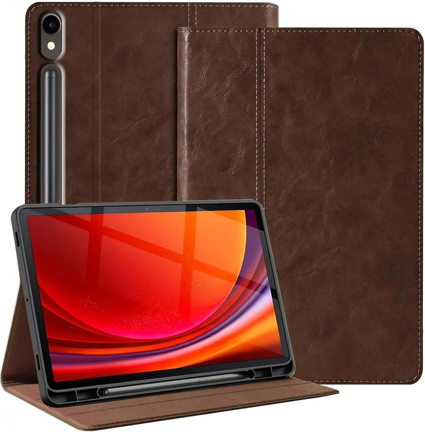 Genuine Leather Case for Samsung Galaxy Tab S9 FE Plus with Pencil Holder Shockproof Protective Adjustable Kickstand