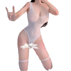 Large Size Sexy Lace Bow Jumpsuit Open Crotch Suit Temptation Transparent Bodysuit Pure Desire Hollow Uniform with Shapewear