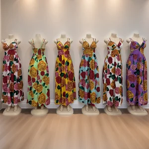 Wholesale Women's Plus Size Floral Print Dress Evening Gown with Sling Sequin Trim A- Line Dress