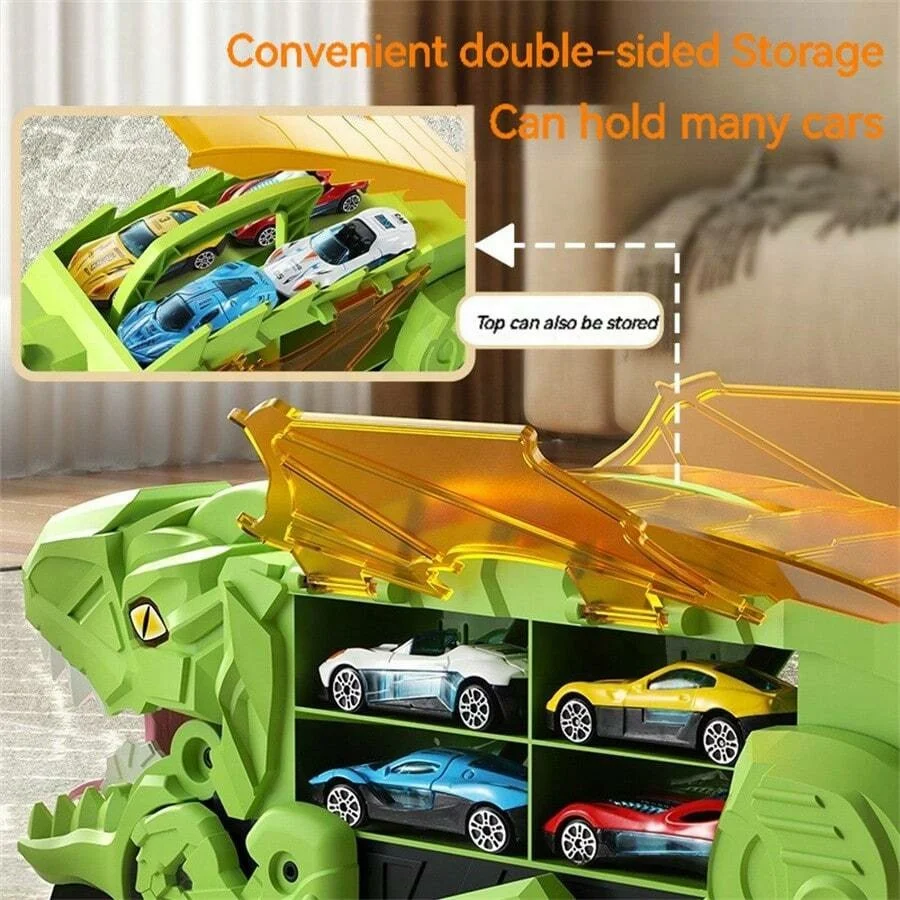 Juguete Camión Transportador de Dinosaurios para Niños 3 Años, Camión de Carreras Plegable con 6 Coches, Pista Lanzadora de 114 cm, Cumpleaños para Niños y Niñas