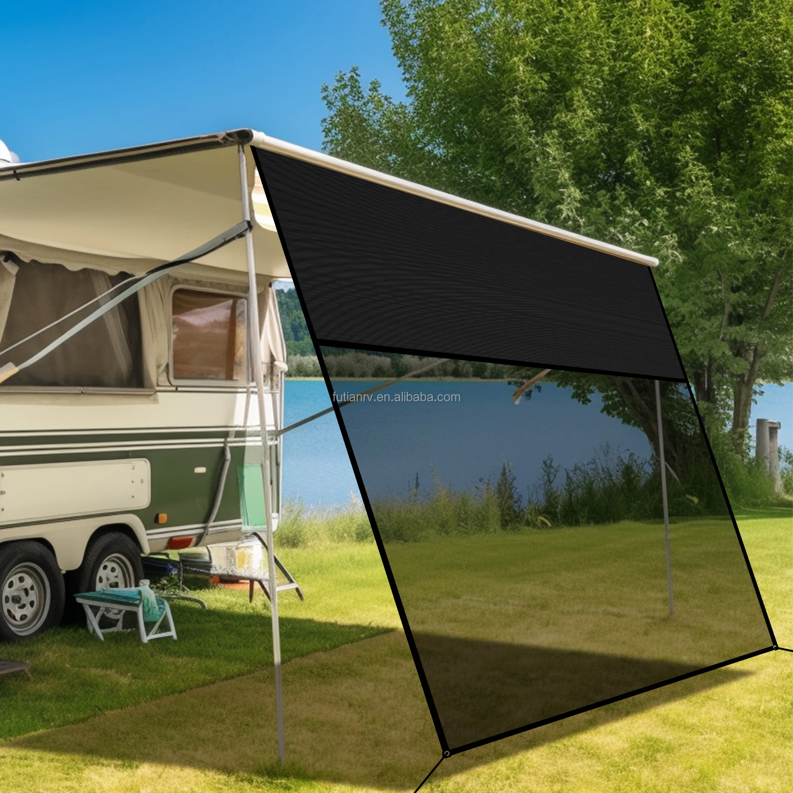 Rv Awning Sun Shade Screen 8' X 20' 3'' Black Sunshade Complete Kits ...